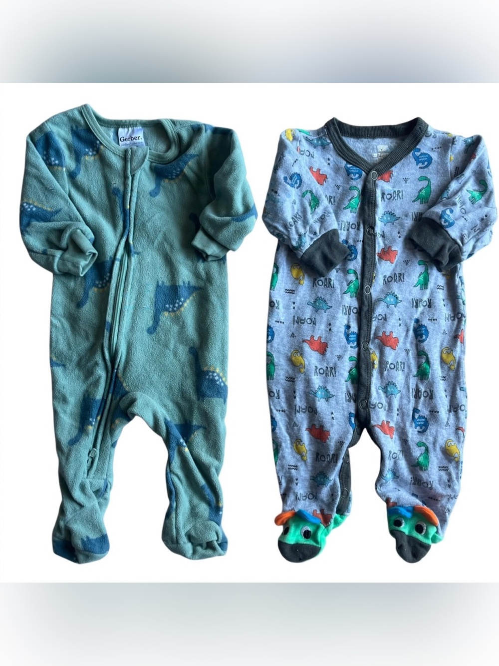 3 = $15 - Green Dinosaur Footed Pajama + Gray Dino Print Footies (x2)